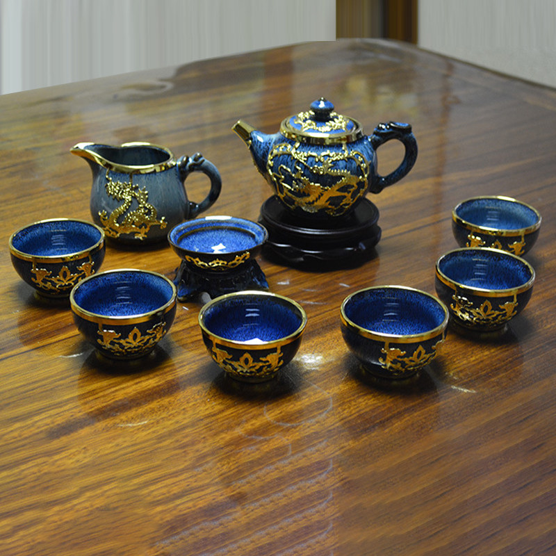 纯手工镀纯金锡镶工艺品金镶玉茶具套装瓷器工艺品钧兰
