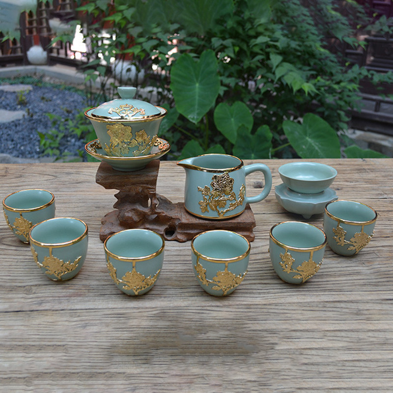 纯手工镀纯金锡镶工艺品金镶玉茶具瓷器工艺品汝瓷盖碗套装