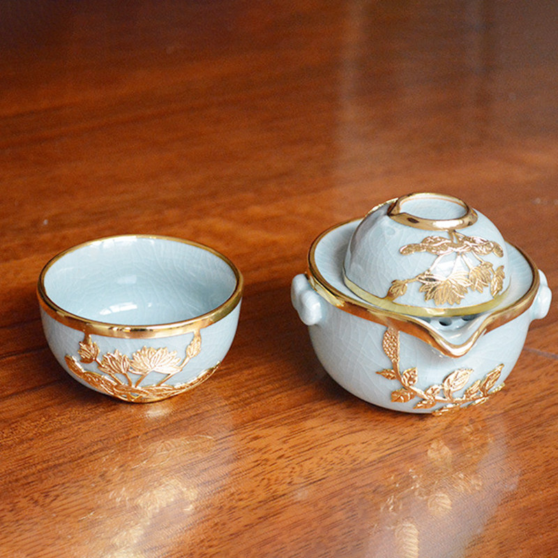 纯手工镀纯金锡镶工艺品金镶玉茶具套装瓷器工艺品汝瓷快客旅行杯