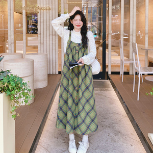 绿色格纹背带裙蕾丝套装女2025春秋季新款学院风显瘦连衣裙两件套图片
