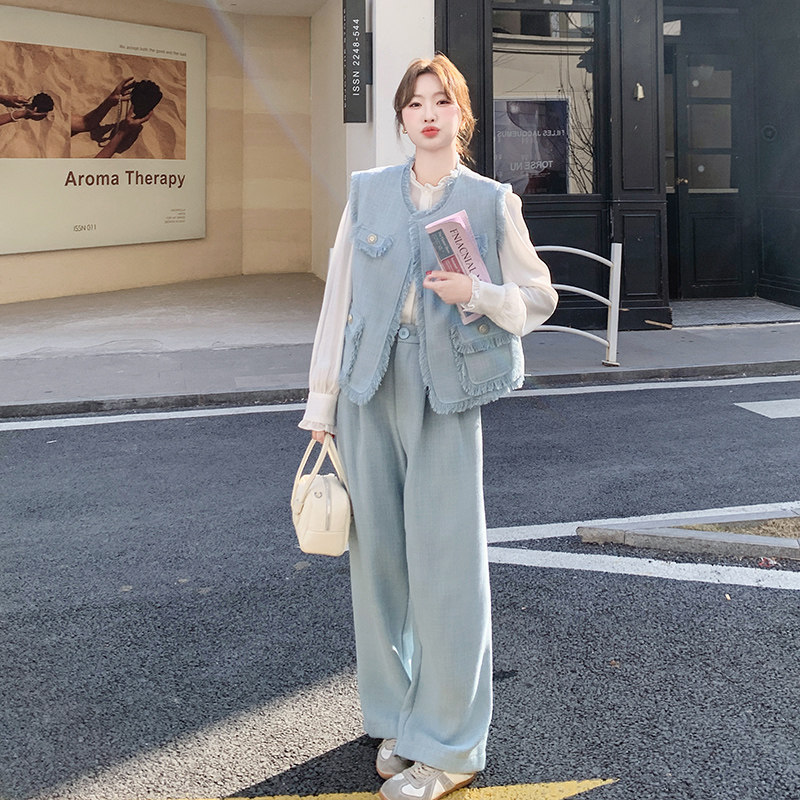 蓝色小香风套装女开春2025超火韩剧穿搭气质高级感马甲长裤三件套,女装套装/套裙,浙宝265