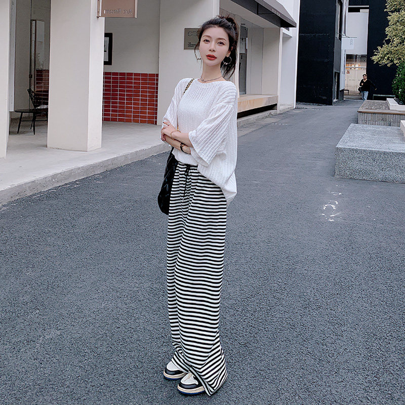 松驰感T恤条纹阔腿裤套装女夏巨好看休闲减龄爆款运动风两件套,女装套装/套裙,浙宝265