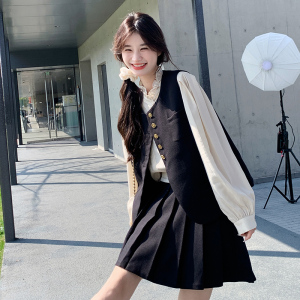 小个子穿搭温柔显瘦打底衫显瘦马甲休闲百褶裙三件套女春秋新款图片