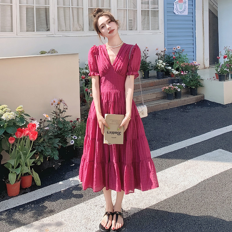 茶歇法式温柔风火龙果色v领连衣裙女夏海边度假森系甜妹绝美长裙,女装连衣裙,浙宝265