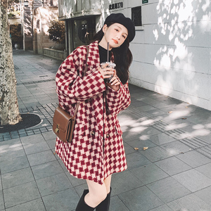 红色格子西装毛呢外套女小个子2023秋冬新款韩版宽松气质呢子大衣图片