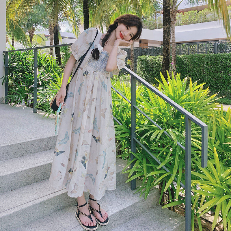 蝴蝶印花连衣裙女2024夏季新款洋气减龄超好看甜美设计感A字长裙,女装连衣裙,浙宝265