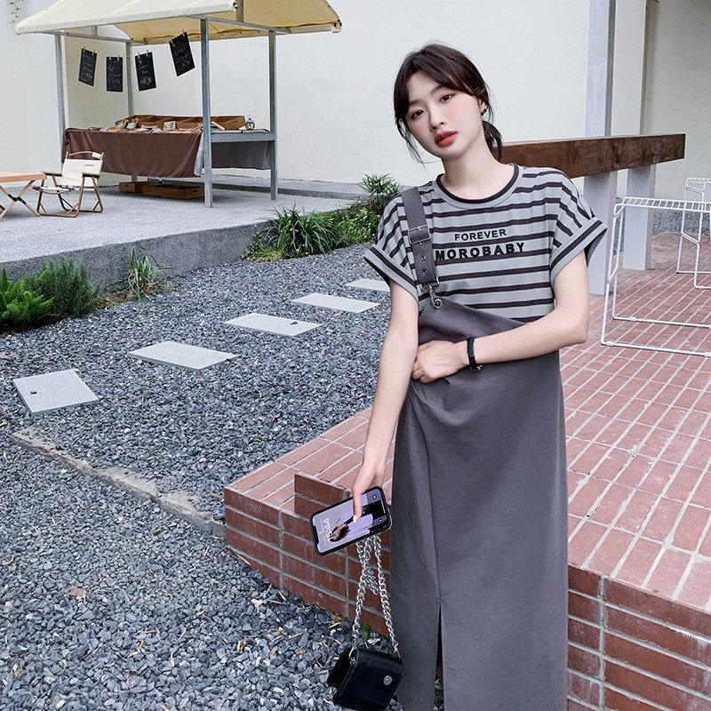条纹拼接背带连衣裙假两件女2024夏季新款高腰显瘦设计感气质裙子,女装连衣裙,浙宝265