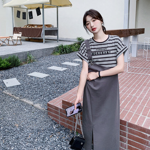 条纹拼接背带连衣裙假两件女2024夏季新款高腰显瘦设计感气质裙子图片