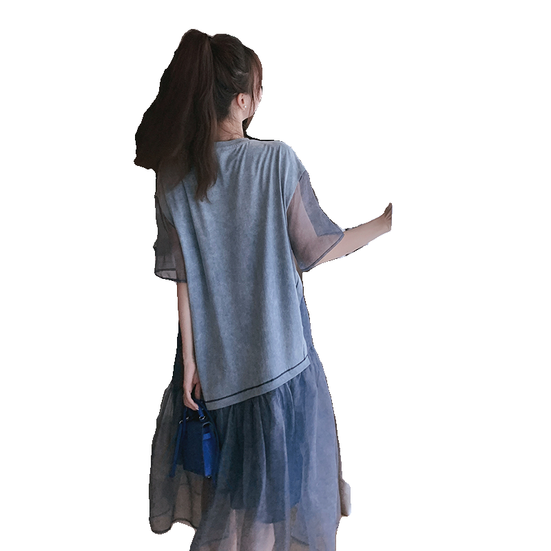 扎染牛仔色网纱拼接连衣裙8610P120-控188,女装连衣裙,浙宝265