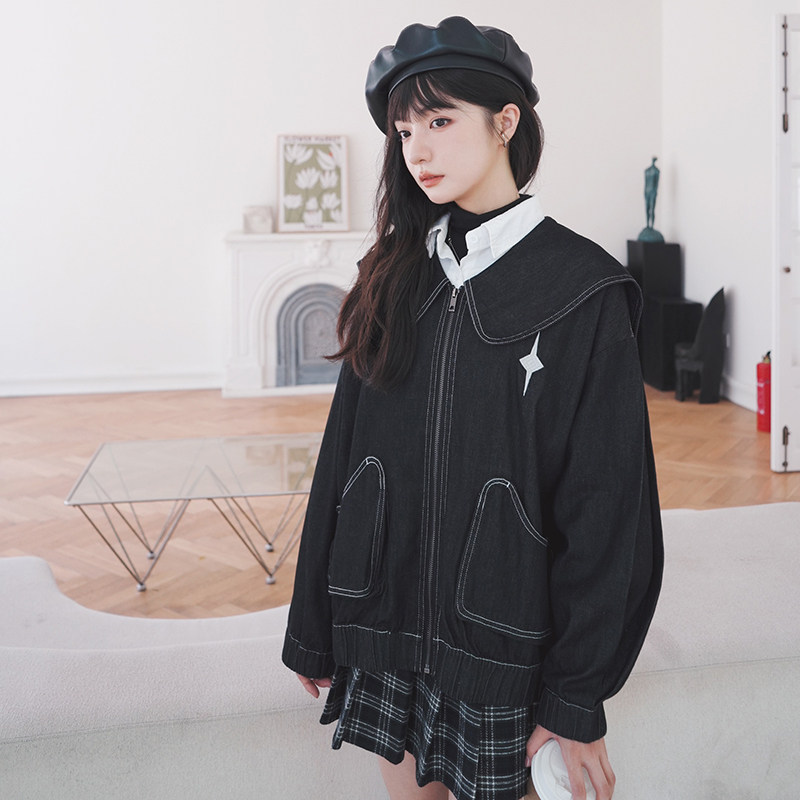 大货刺绣大翻领学院风短款牛仔外套8038P130控价188，女装短外套，浙宝265