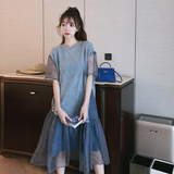 扎染牛仔色网纱拼接连衣裙8610P120-控188，女装连衣裙，浙宝265