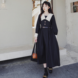 学院风黑色连衣裙女2022年春秋新款法式气质休闲收腰复古撞色裙子，女装连衣裙，浙宝265