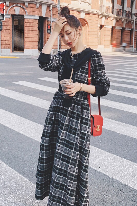 大货2022格子长款连衣裙8689P115控168,女装连衣裙,浙宝265