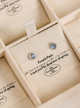 HelloJan925银针清冷感蓝色月亮猫眼石耳钉温柔精致小巧月牙耳环