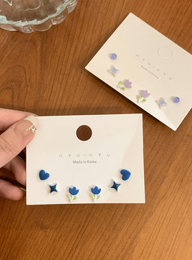 早春新款925银莫兰迪色磨砂陶瓷小耳钉组合套装精致百搭少女耳环