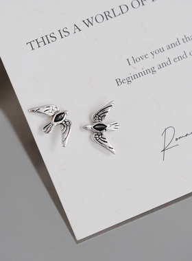 S925银针微镶钻飞鸟耳钉复古做旧小众设计文艺耳环冷淡中性风耳饰