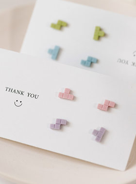 925银趣味个性俄罗斯方块耳钉简约迷你陶瓷不对称耳环几何耳饰女