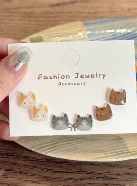 925银针可爱卡通猫咪耳钉组合套装甜美日常百搭学生树脂耳环女
