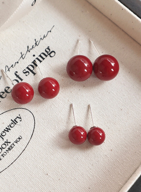 925银车厘子酒红圆球耳钉秋冬新年复古氛围感耳环气质百搭耳饰女