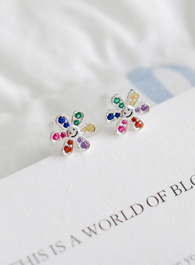 s999银彩色花朵锆石耳钉女可爱笑脸太阳花耳环耳骨钉睡觉免摘