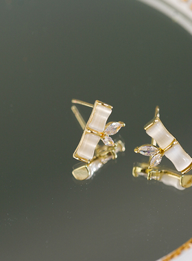 HelloJan925银新中式猫眼石竹节耳环小众设计感清冷耳钉古风耳饰