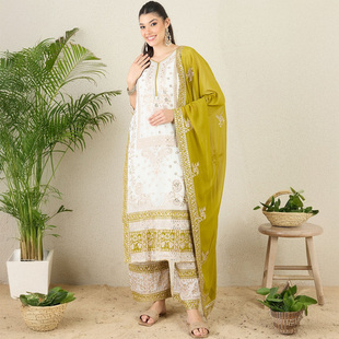 印度进口服装 异域风情重工刺绣亮片乔其纱旁遮比三件套米白色 女装