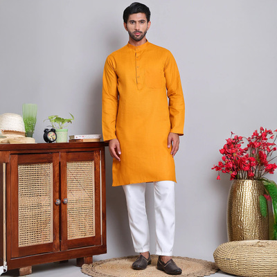 印度男款服装民族风演出服立领长袖中长款棉混纺纯色薄款新品长衫