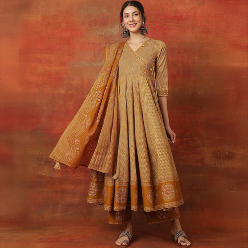 印度服饰气质薄款传统民族风纯棉七分袖黄色V领印花连衣裙三件套