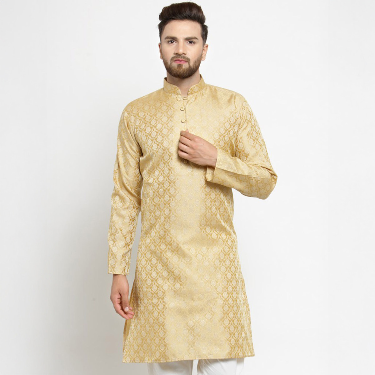 印度尼泊尔服装中长款春夏款民族风浅金色新款男上衣丝棉提花立领