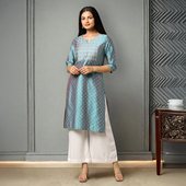 新品 圆领蓝绿色宽松春夏款 上衣烫金印花丝混纺中长款 印度进口女装