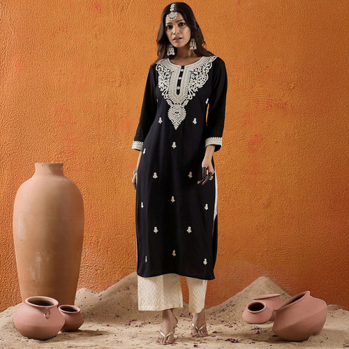 印度传统服装女异域风情绵绸刺绣宽松中长款圆领上衣黑色薄款进口