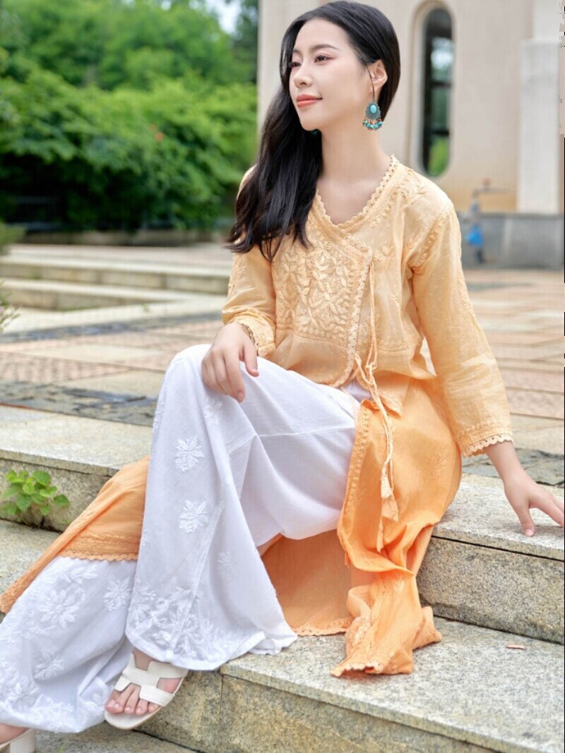 B1-1-2 INDIAN CLOTHING IMPORTED ETHNIC STYLE MID-LENGTH COTTON GRADIENT YELLOW HAND-EMBROIDERED THIN TOP IS BREATHABLE