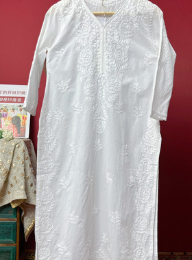 B5-2-3印度进口瑜伽服禅修大师服长款纯棉刺绣女昆达里尼白色薄款