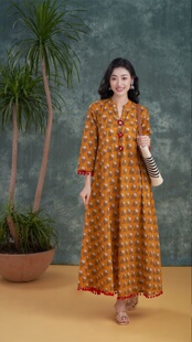 4印度进口女装 纯棉民族风连衣裙印花镶镜片中长款 春夏4色