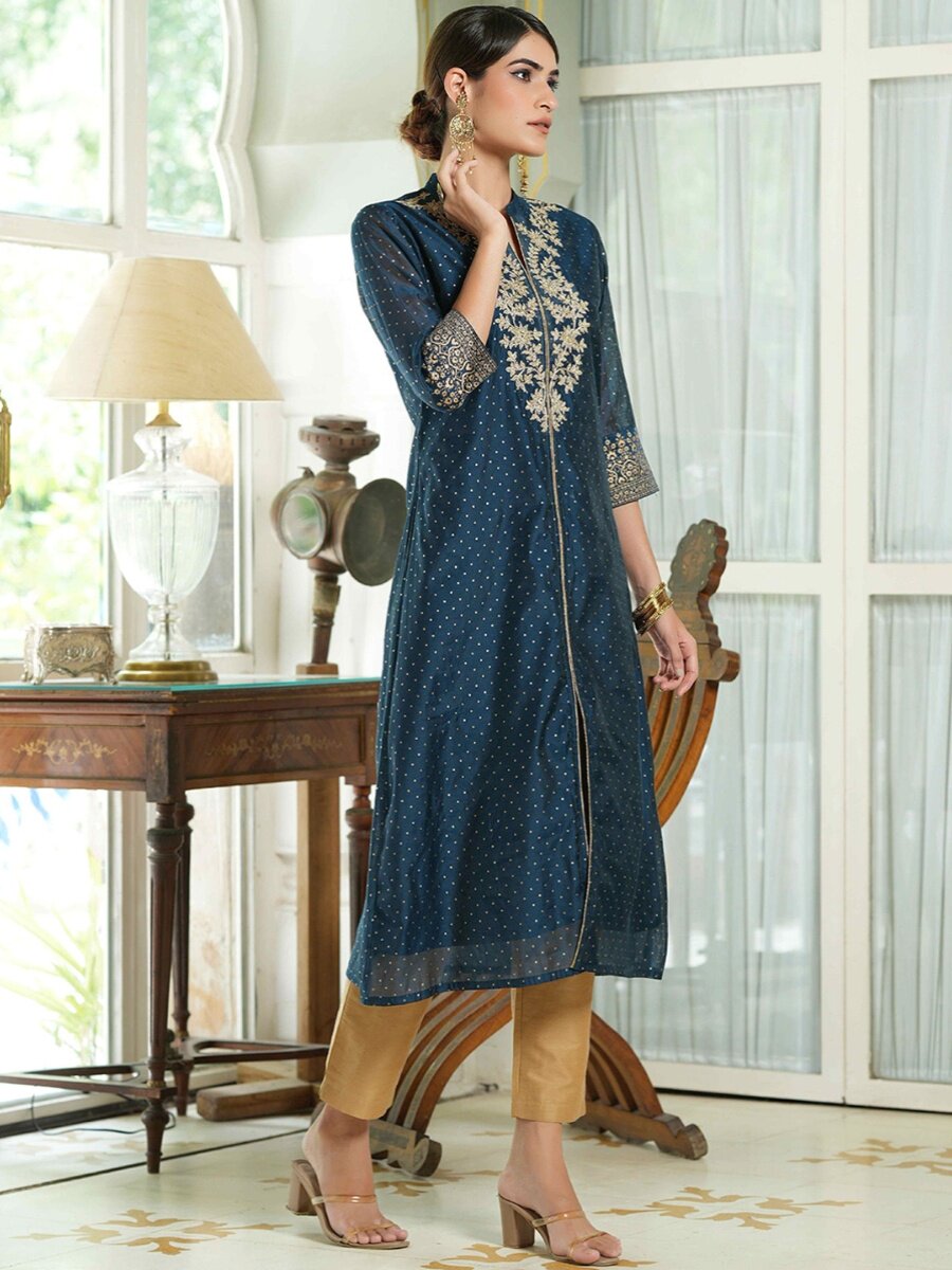 A8-1-2 NEW INDIAN IMPORTED ETHNIC STYLE SILK COTTON EMBROIDERY LONG TOP SMALL STAND COLLAR POLKA DOT BRONZING NAVY