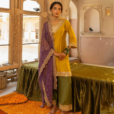 印度进口民族风三件套女黄色真丝薄绸金线刺绣V领套头春夏七分袖