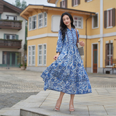 3印度连衣裙纯棉拓印温柔风碎花裙修身 显瘦衬衫 领中长款 两色