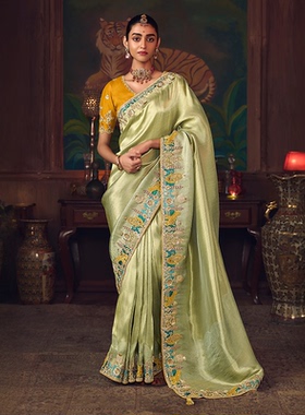 印度服饰进口人造丝海娜手绘节日婚礼重工奢华女光泽感梨绿色纱丽