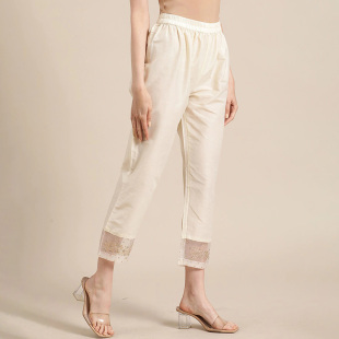 印度进口民族风丝绵欧根纱带缀饰长裤 日常休闲简约舒适 直筒裤