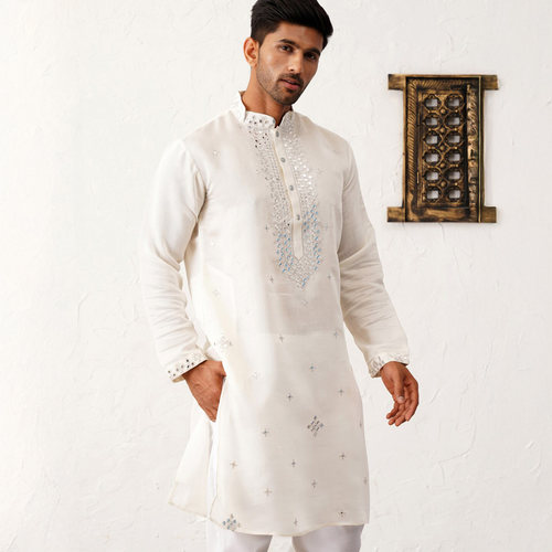 印度进口日常传统演出服饰成人男丝绵刺绣中长款上衣薄款米白色