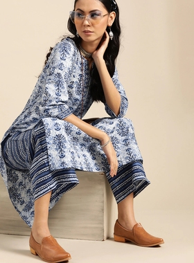 野人小饰印度民族风传统服饰服装衣服女套装纯棉印花2件套薄蓝色