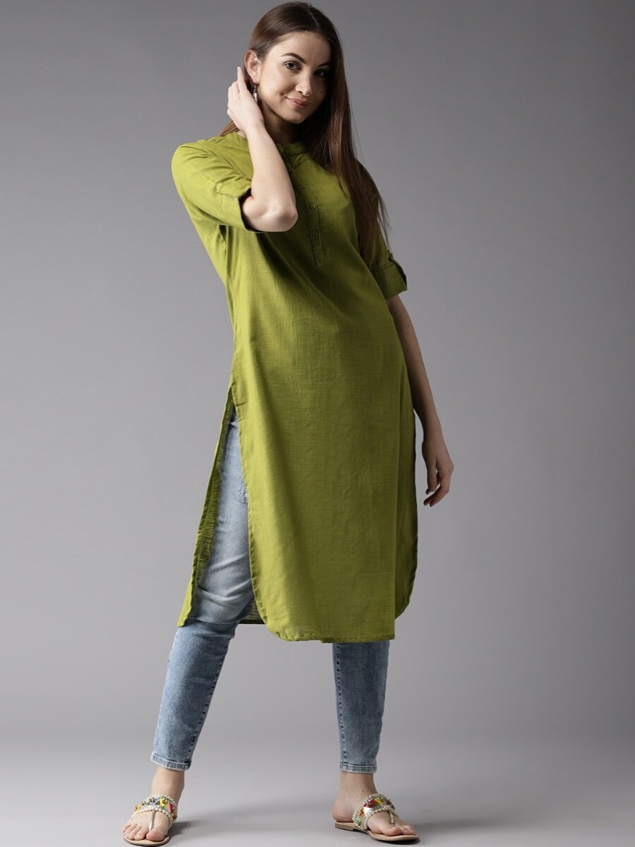 2024 SUMMER NEW INDIAN IMPORTED WOMENS COTTON TOP MID-LENGTH STAND-UP COLLAR CASUAL DAILY THIN GREEN