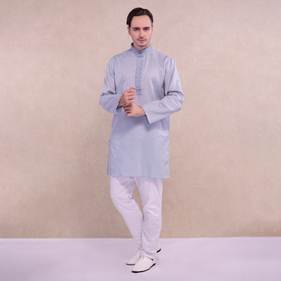 印度服装传统民族风纯棉透气清爽中长款薄款宽松长袖刺绣男士套装