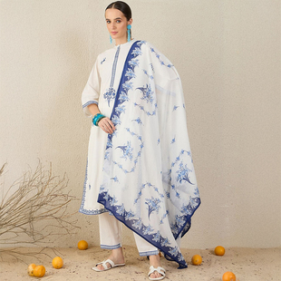 印度传统服饰民族风日常刺绣纯棉春夏款立领成人七分袖白色三件套