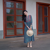 印度民族风连衣裙女七分袖 纯棉印花复古小立领碎花长裙新款