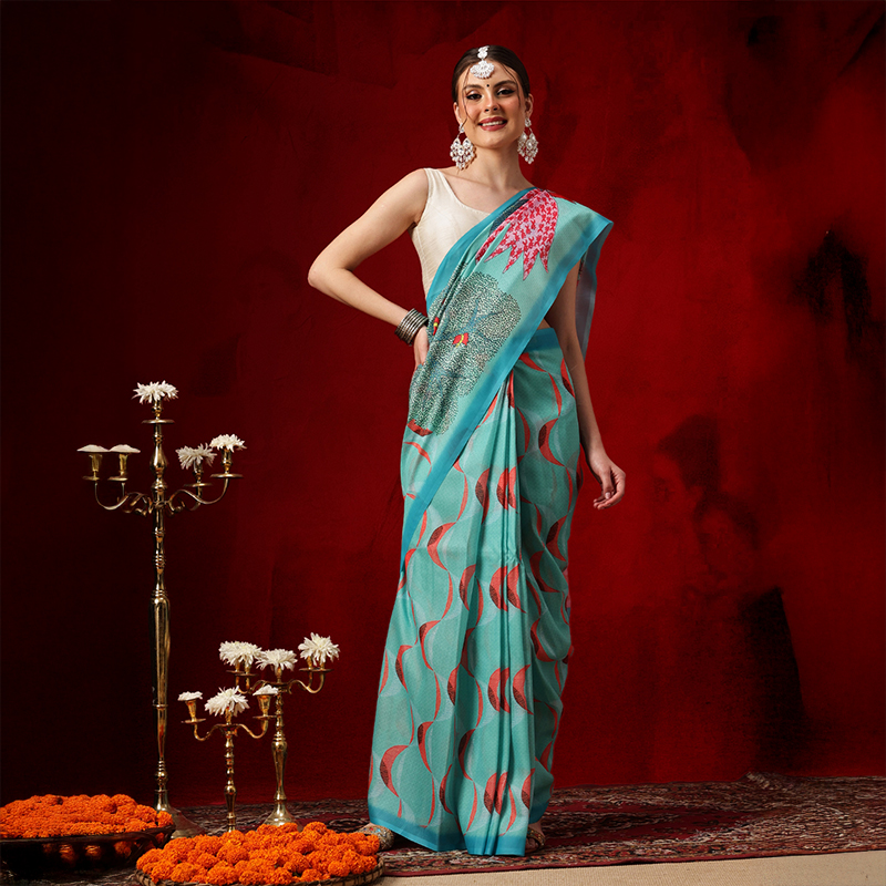 印度尼泊尔异域风情特色进口传统服装女丝混纺孔雀蓝气质优雅纱丽