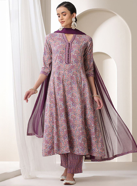 印度服饰传统进口紫色棉绸V领印花印巴风情七分袖薄款新款三件套
