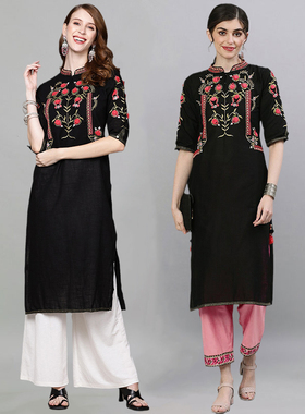 B8-2-4印度进口女装棉麻刺绣上衣中长款小立领气质黑色薄款9043