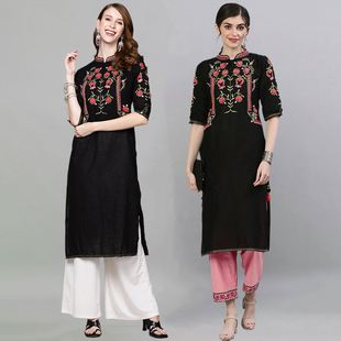 小立领气质黑色薄款 棉麻刺绣上衣中长款 4印度进口女装 9043