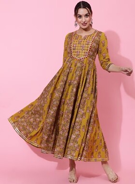 B1-2-3印度进口新品女装纯棉连衣裙印花日常休闲A字长裙收腰黄色